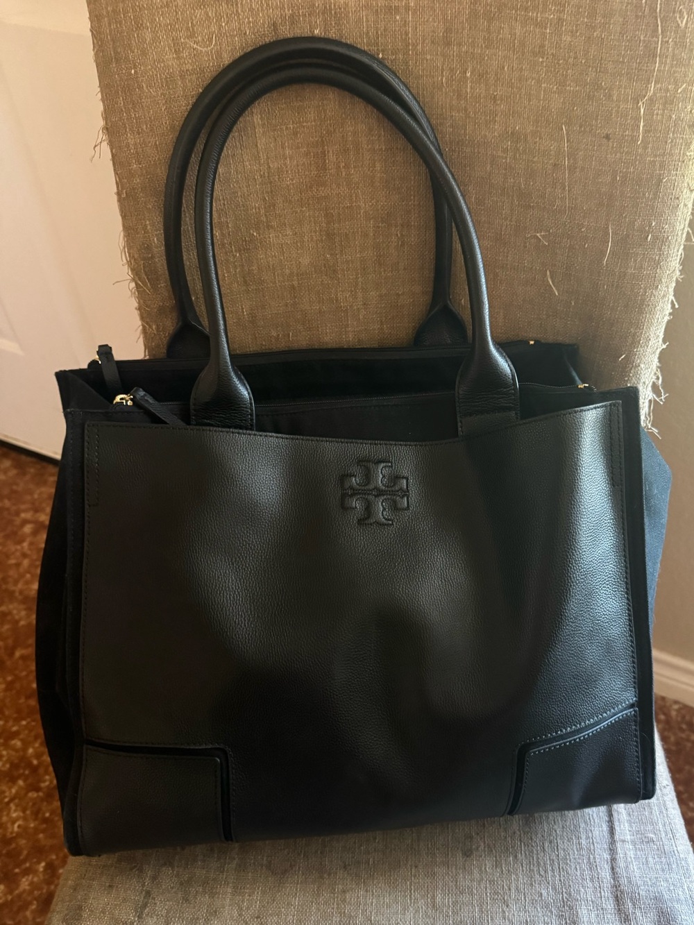 Tory Burch Black Leather Tote with Logo